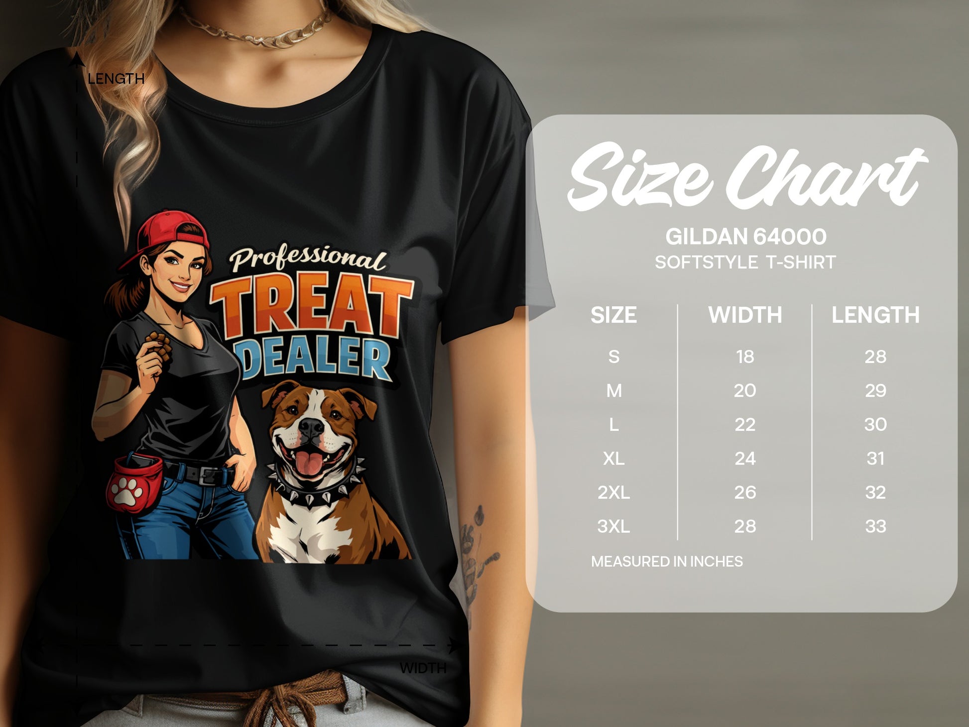 T-shirt featuring a woman and dog with "Professional Treat Dealer" text and size chart.