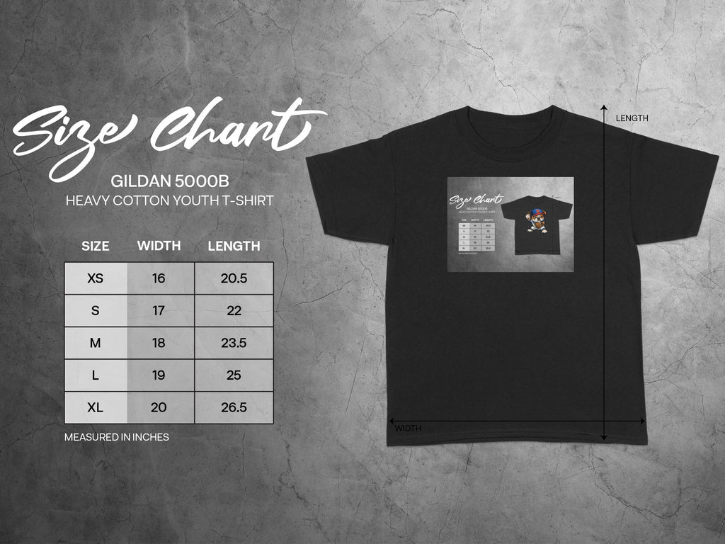 Gildan 5000B heavy cotton youth t-shirt size chart measured in inches.