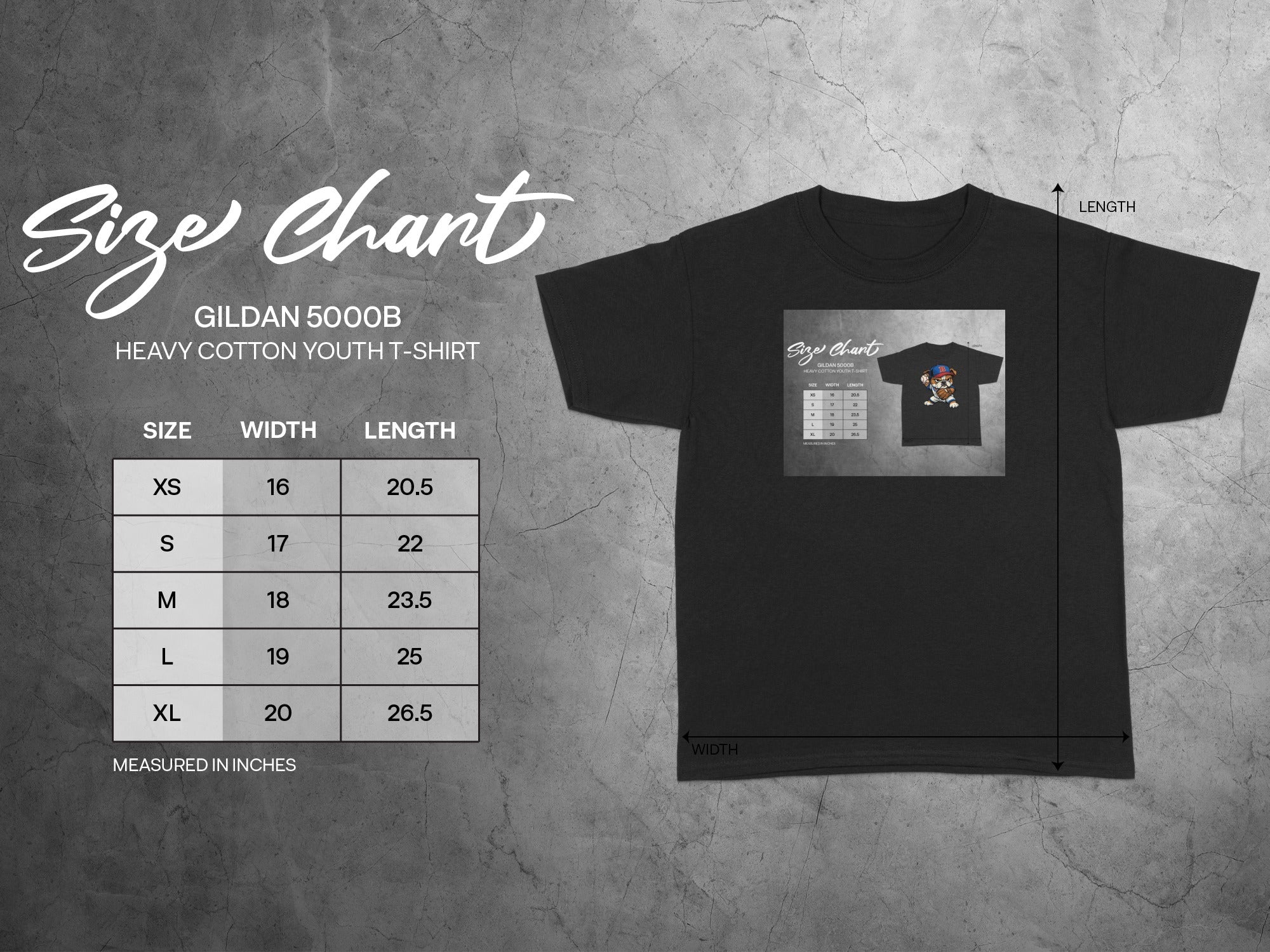 Gildan 5000B heavy cotton youth t-shirt size chart measured in inches.