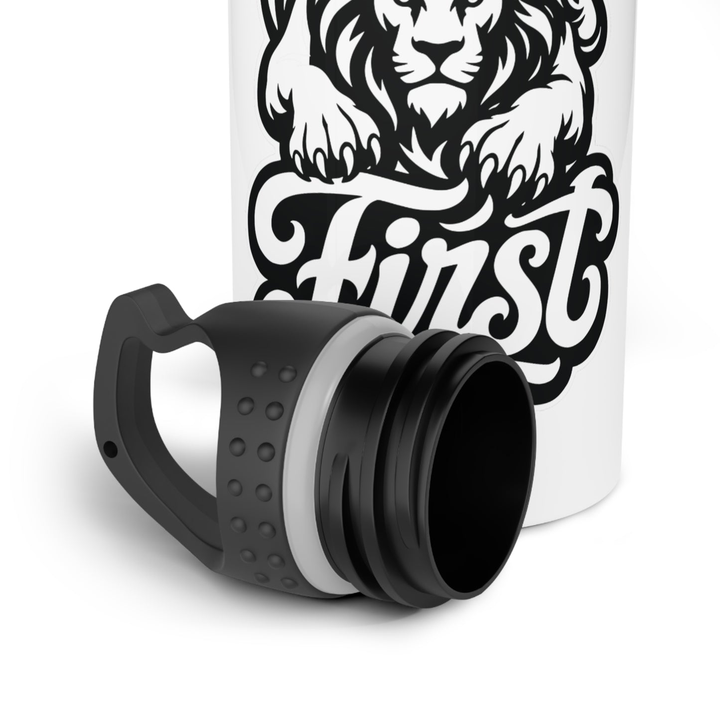 White bottle with black lion graphic and lettering that reads "First".