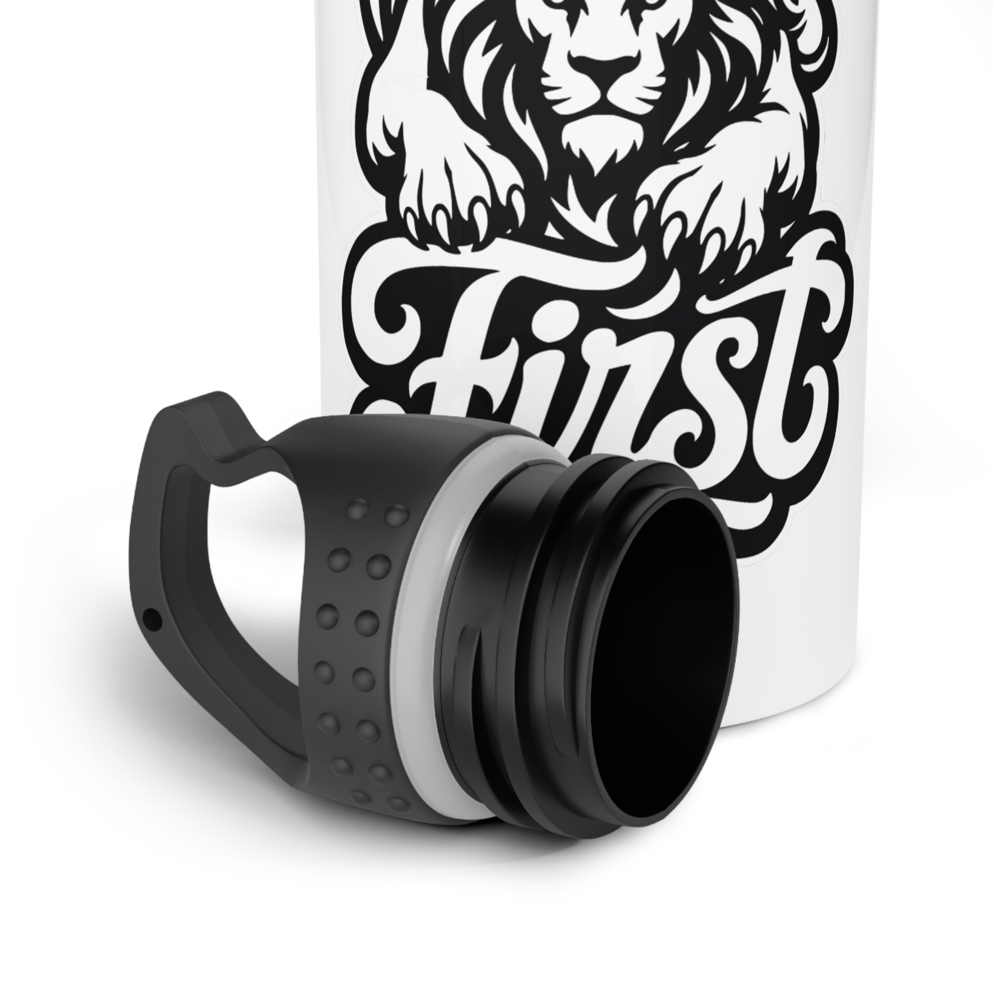 White bottle with black lion graphic and lettering that reads "First".