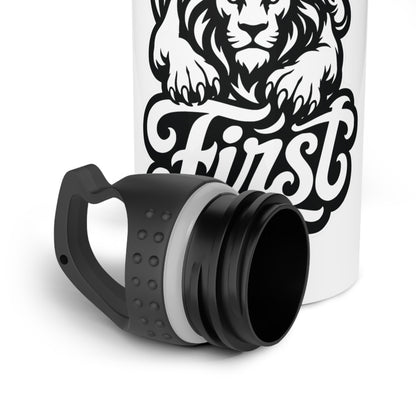 White bottle with black lion graphic and lettering that reads "First".