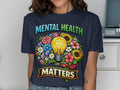 Mental health matters text with a glowing lightbulb surrounded by flowers.