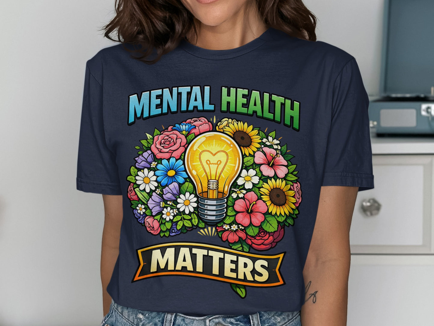 Mental health matters text with a glowing lightbulb surrounded by flowers.