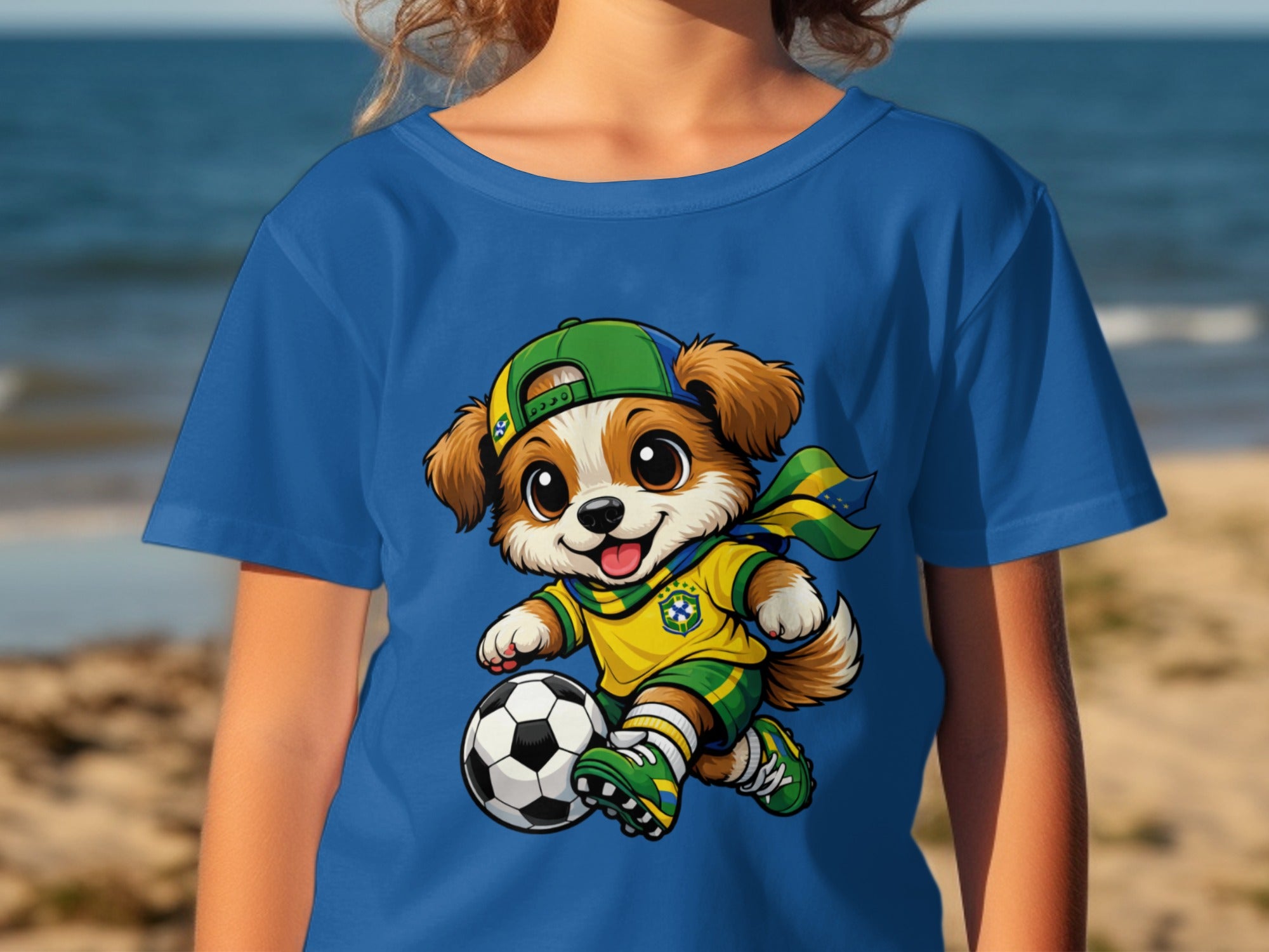 Cartoon puppy in soccer uniform with Brazilian flag scarf kicking a soccer ball.