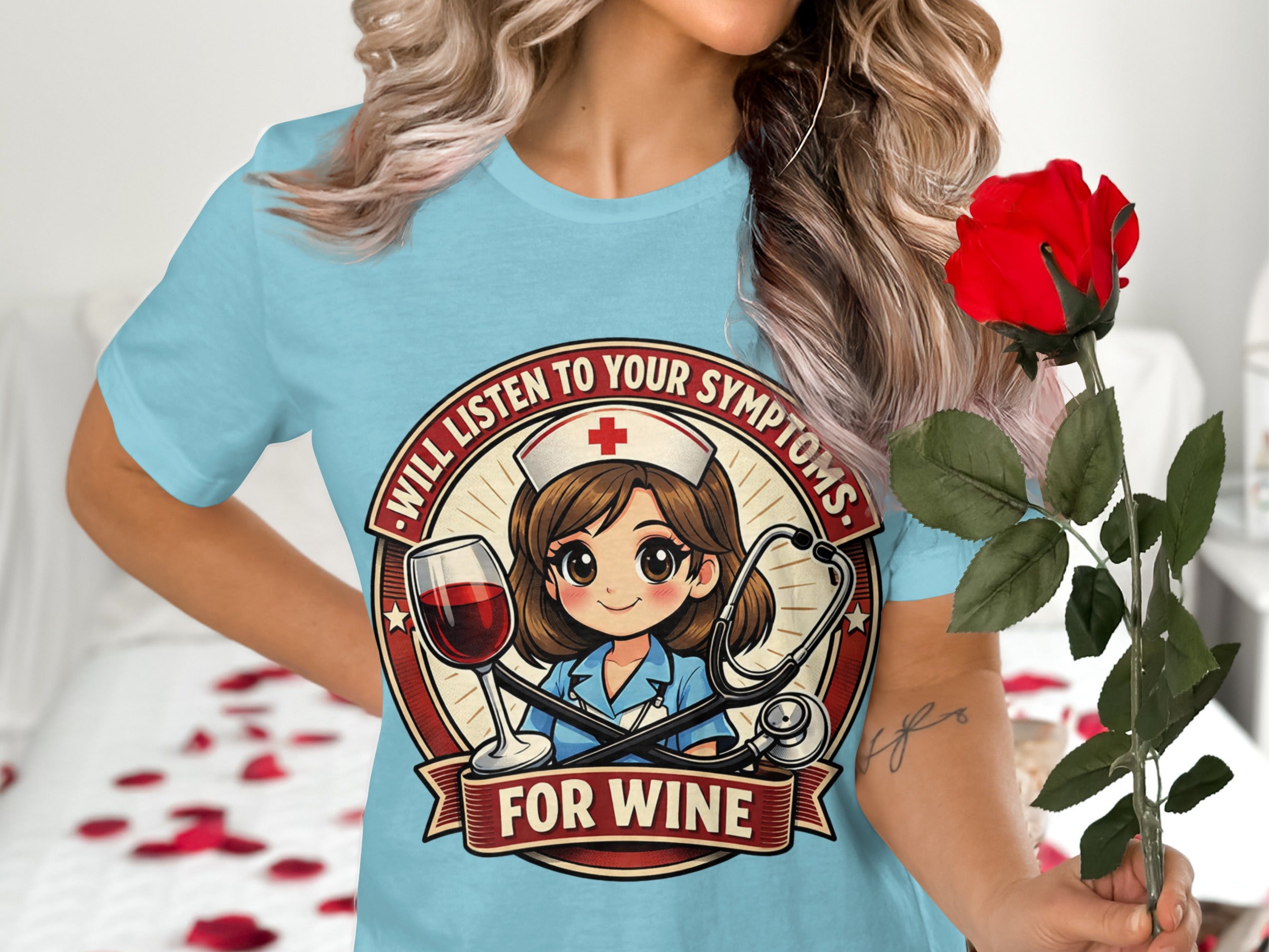 Light blue t-shirt with a graphic of a cartoon nurse holding a wine glass and stethoscope.