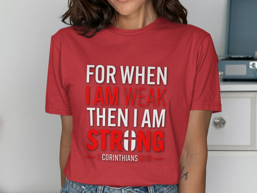Red t-shirt with text "FOR WHEN I AM WEAK THEN I AM STRONG 2 CORINTHIANS 12:10".
