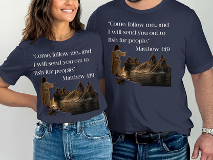 Navy shirts with Jesus calling fishermen, Matthew 4:19 quote.