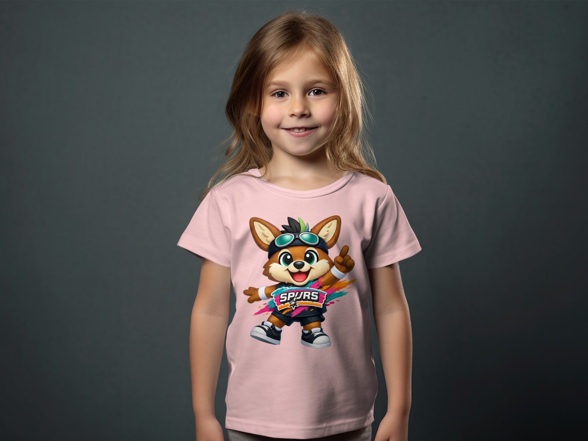 Child wearing a pink t-shirt with a cartoon fox wearing goggles and the text "SPURS".