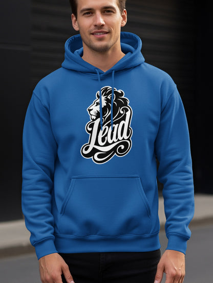 Blue hoodie with lion head and "Lead" text graphic on chest.