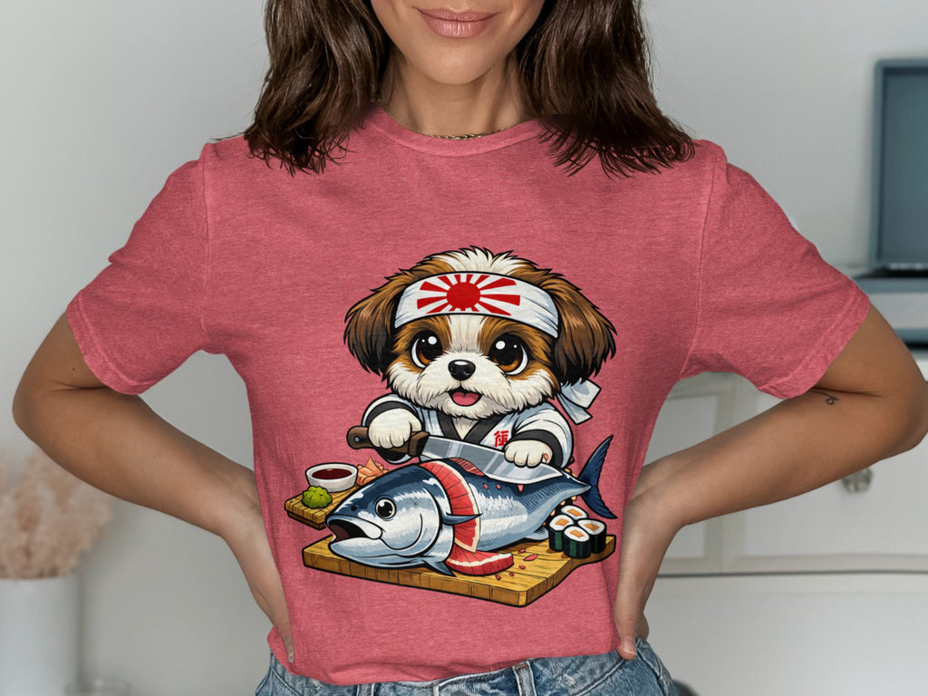 Cute dog wearing a headband prepares a tuna fish with sushi and sauce.