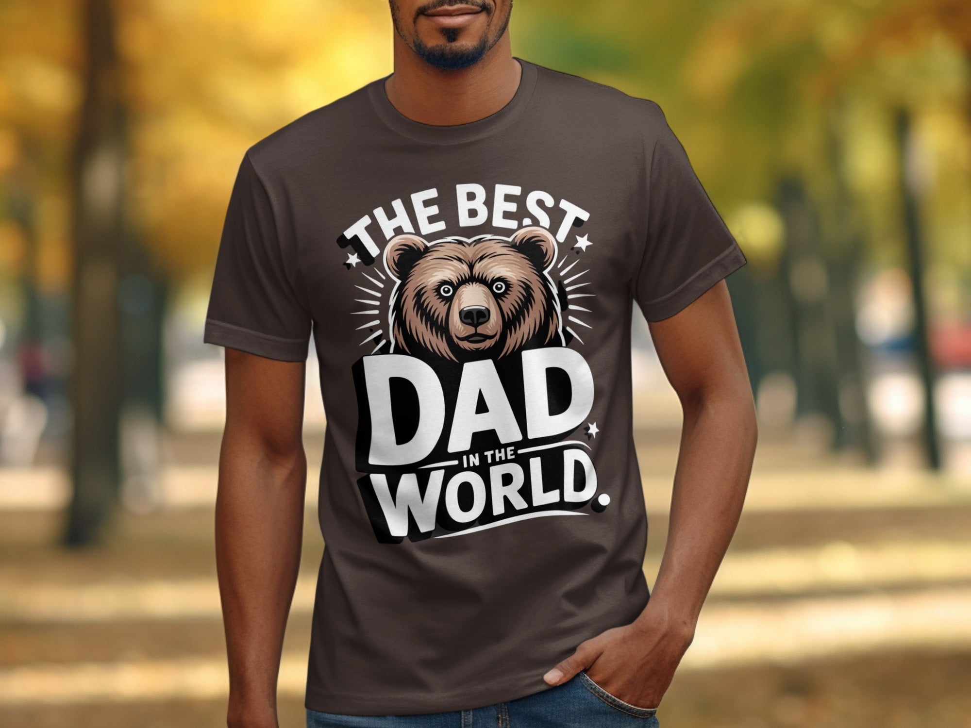 Brown t-shirt with "The Best Dad In The World" text and a bear graphic.
