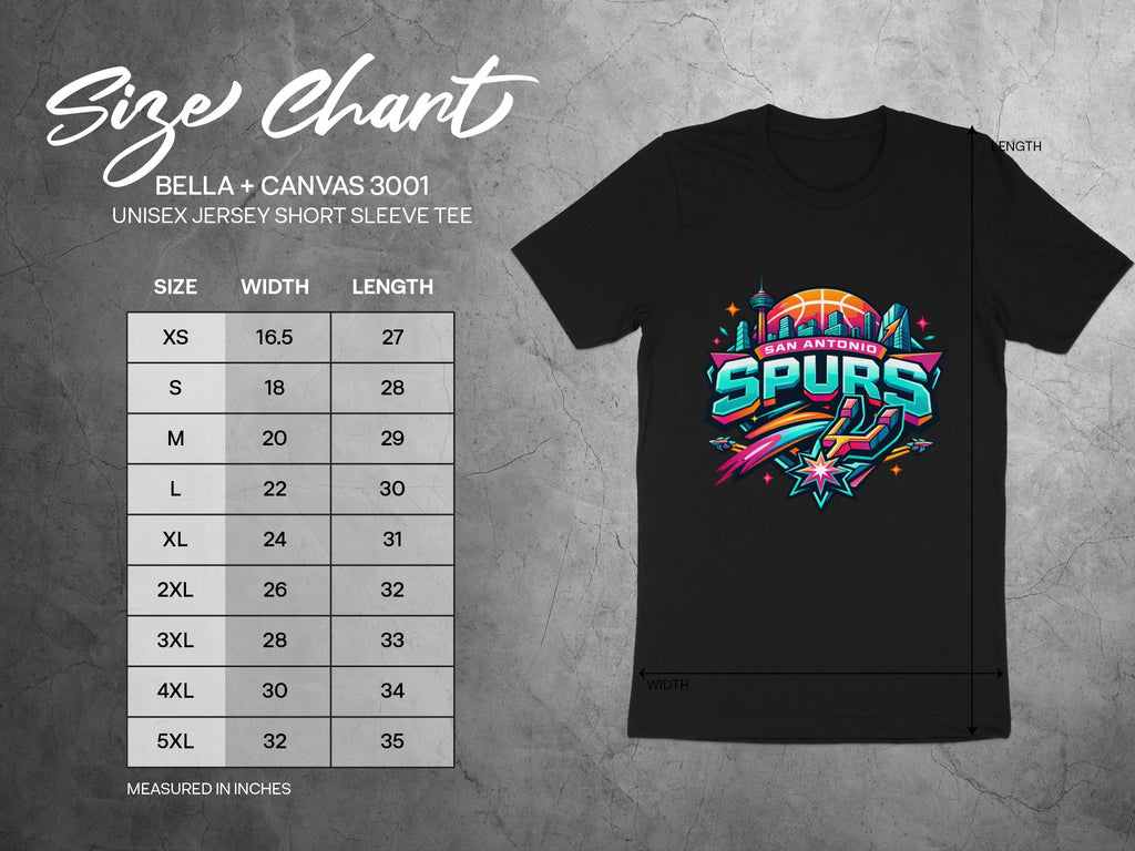Size chart for Bella + Canvas 3001 Unisex Jersey Short Sleeve Tee with San Antonio Spurs graphic.