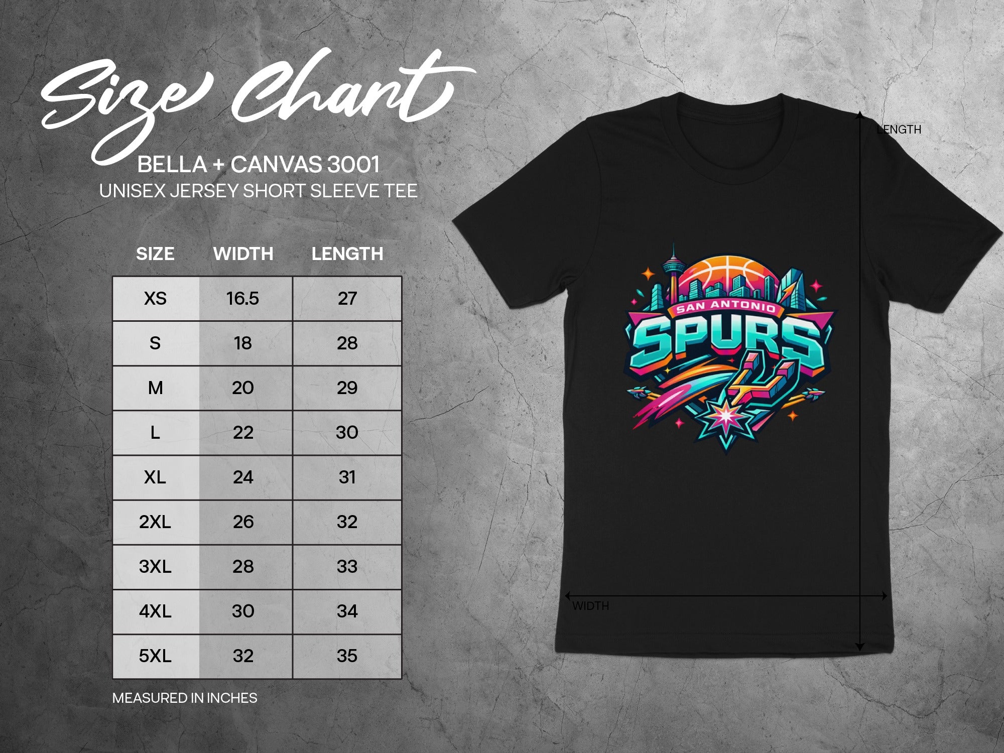 Size chart for Bella + Canvas 3001 Unisex Jersey Short Sleeve Tee with San Antonio Spurs graphic.