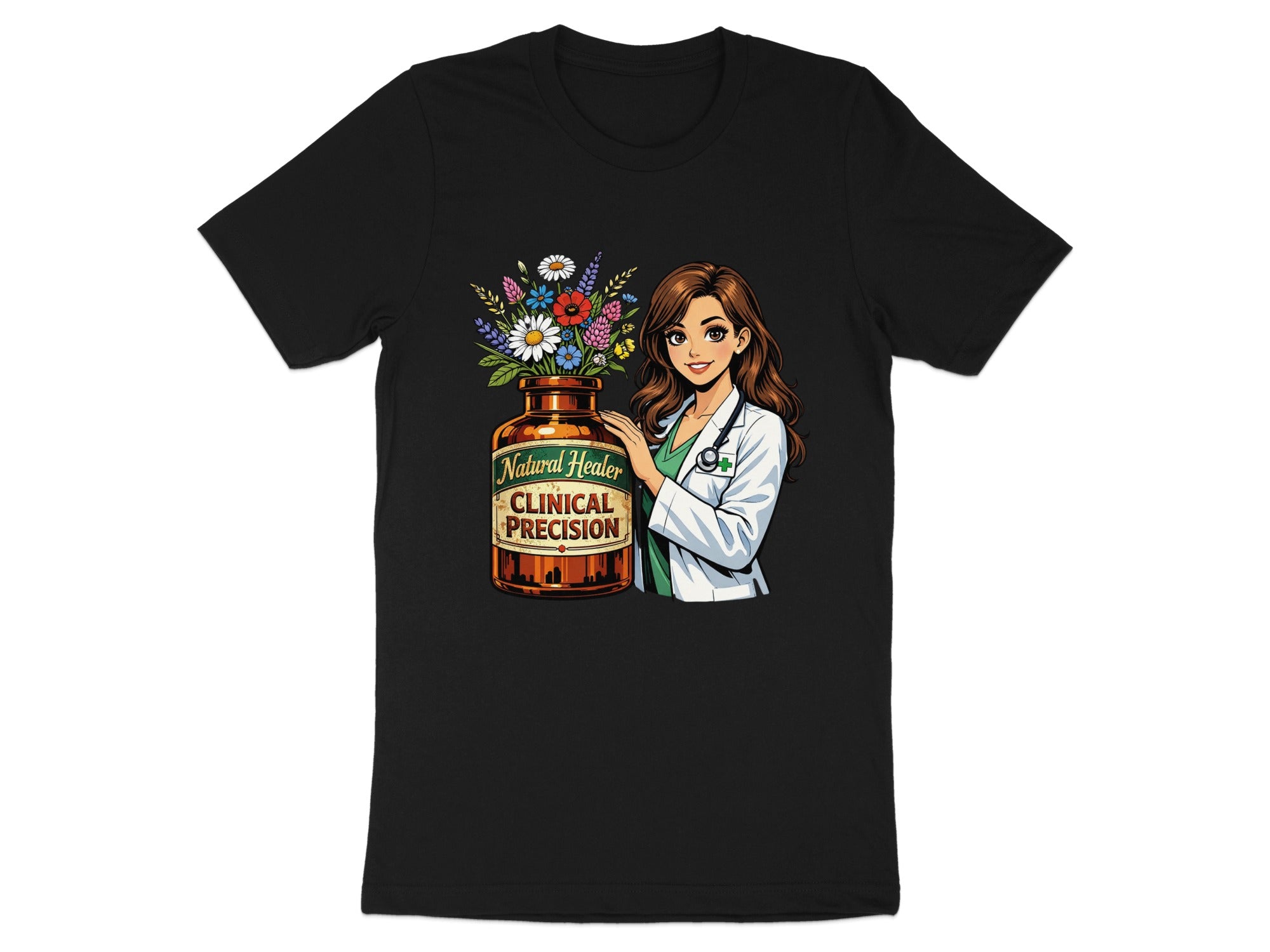 Illustration of a woman in a lab coat with a bottle of flowers and text "Natural Healer CLINICAL PRECISION".