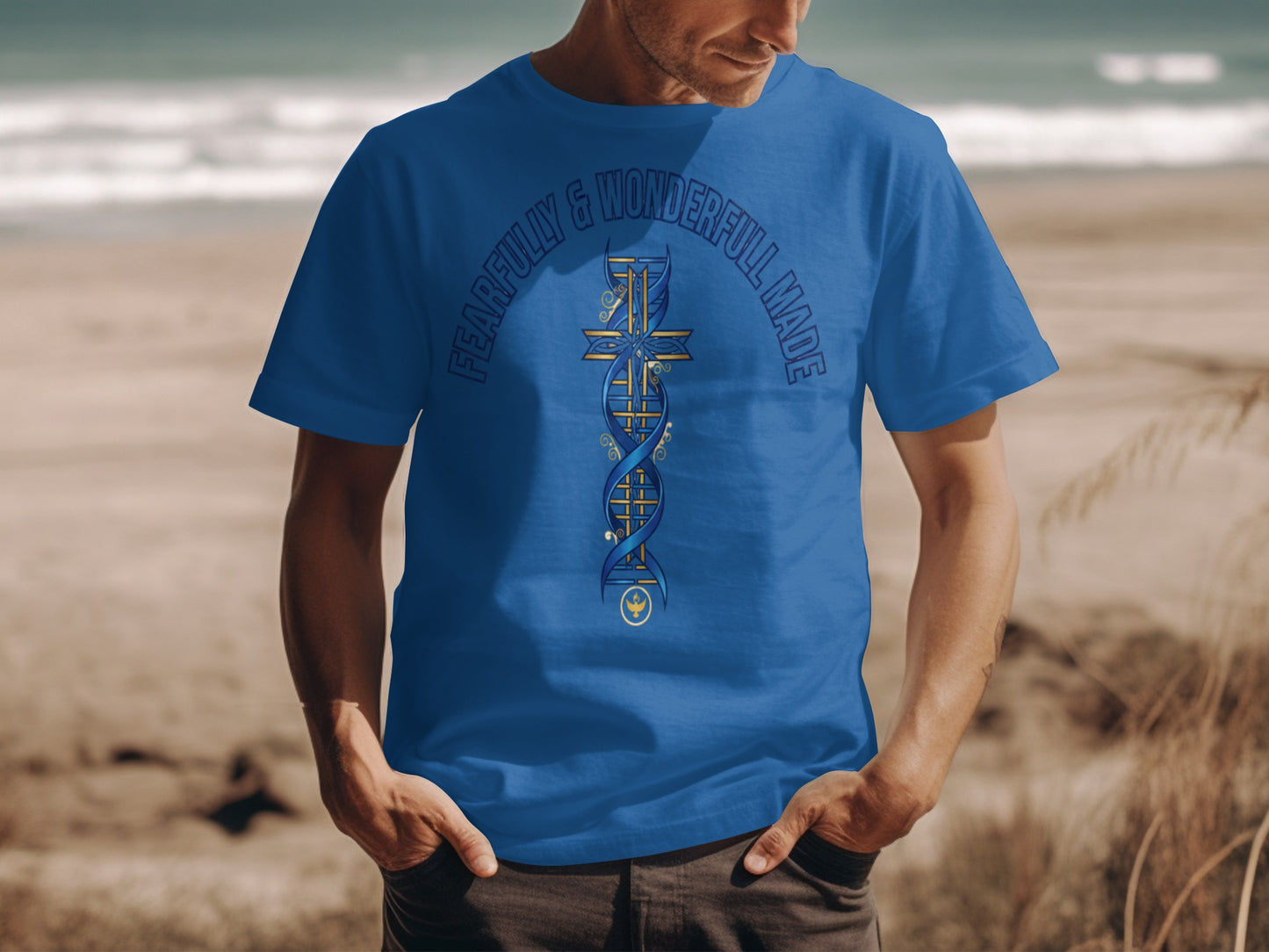 Blue t-shirt with a graphic of a cross intertwined with DNA, reading "Fearfully & Wonderful Made".