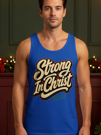 Man wearing a blue tank top with "Strong In Christ" and "Eph 6:10" text.