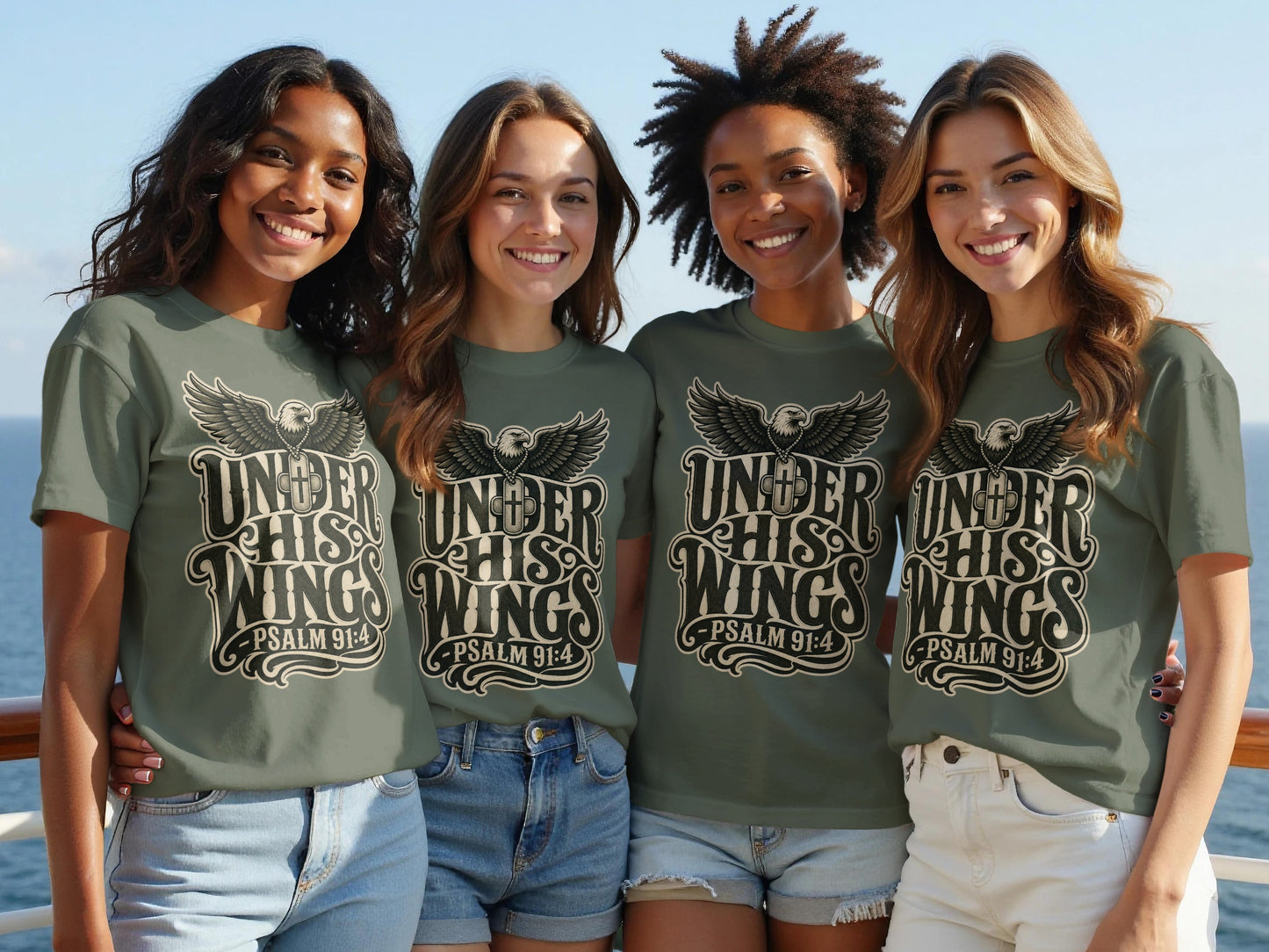 Four women wear olive green t-shirts with an eagle and "Under His Wings Psalm 91:4" graphic.