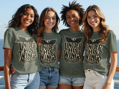 Four women wear olive green t-shirts with an eagle and "Under His Wings Psalm 91:4" graphic.