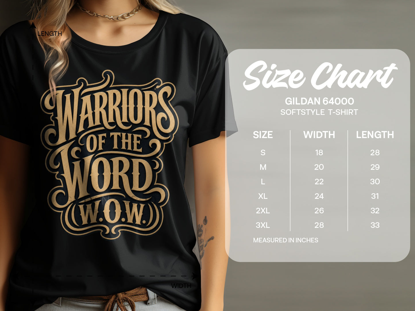 Black t-shirt with "Warriors of the Word (W.O.W.)" graphic and Gildan 64000 size chart.