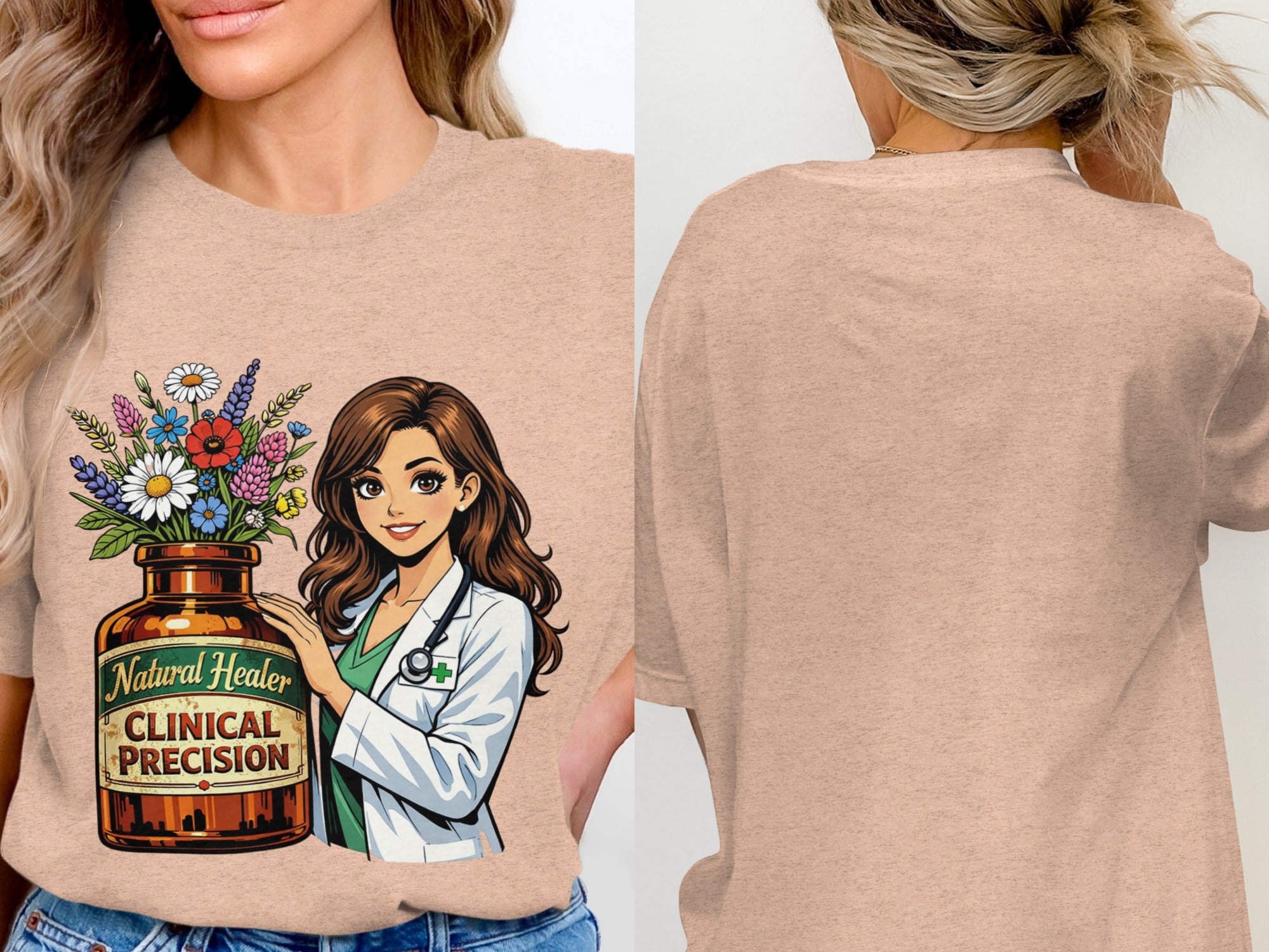 Illustration of a nurse with flowers in a bottle labeled "Natural Healer Clinical Precision".