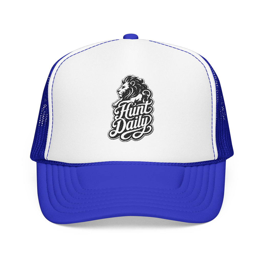 Blue and white trucker hat with a lion and "Hunt Daily" logo.