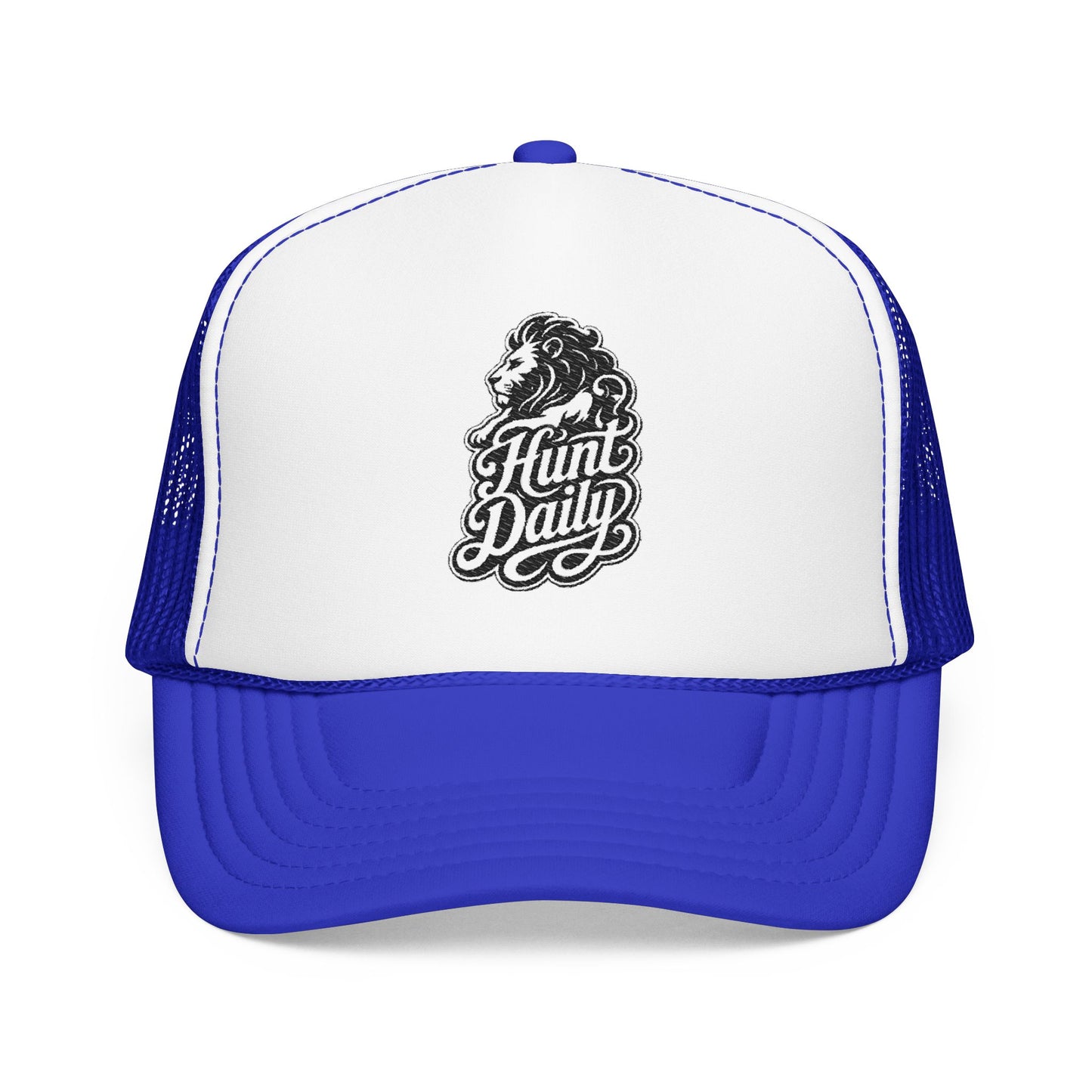Blue and white trucker hat with a lion and "Hunt Daily" logo.