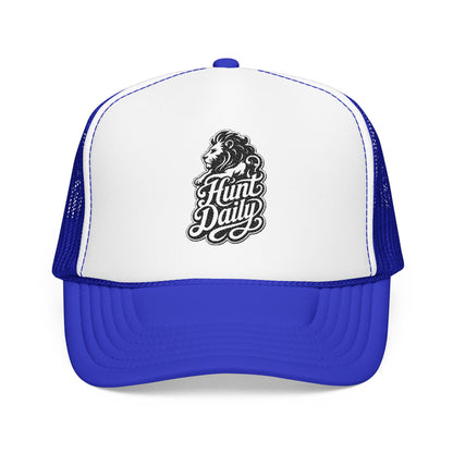 Blue and white trucker hat with a lion and "Hunt Daily" logo.
