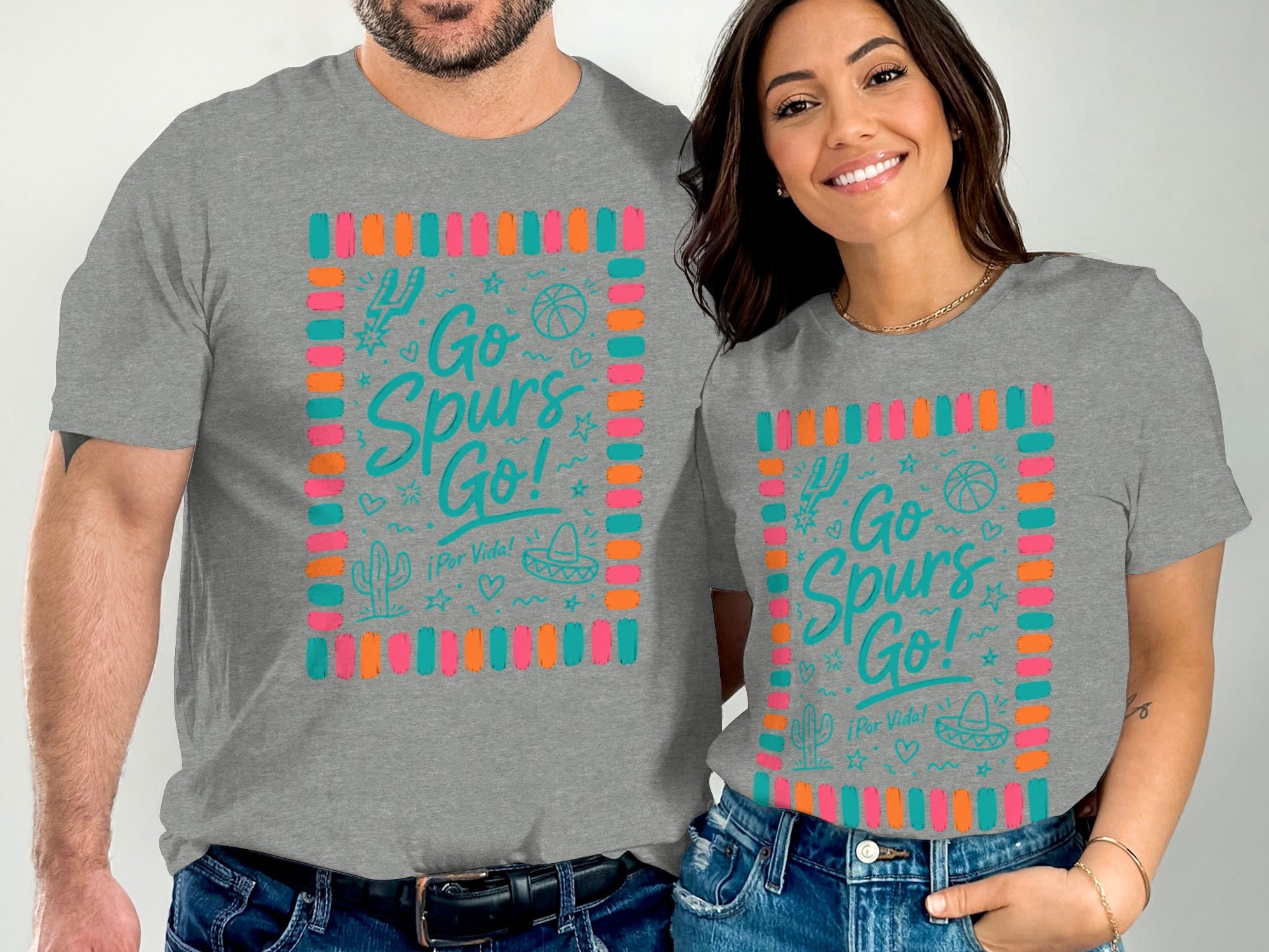 Men and women in grey t-shirts with "Go Spurs Go!" and cactus graphic.