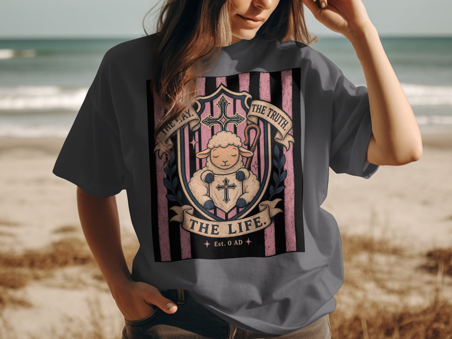 T-shirt graphic with sheep, cross, staff, and text "The Way. The Truth. The Life."