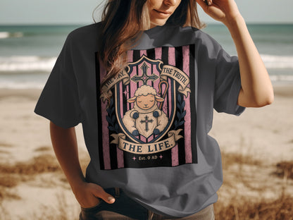 T-shirt graphic with sheep, cross, staff, and text "The Way. The Truth. The Life."