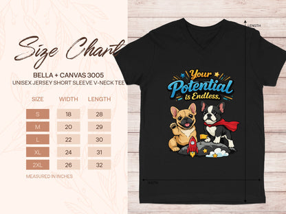 Black Bella + Canvas 3005 t-shirt with French bulldogs and "Your Potential is Endless" text.