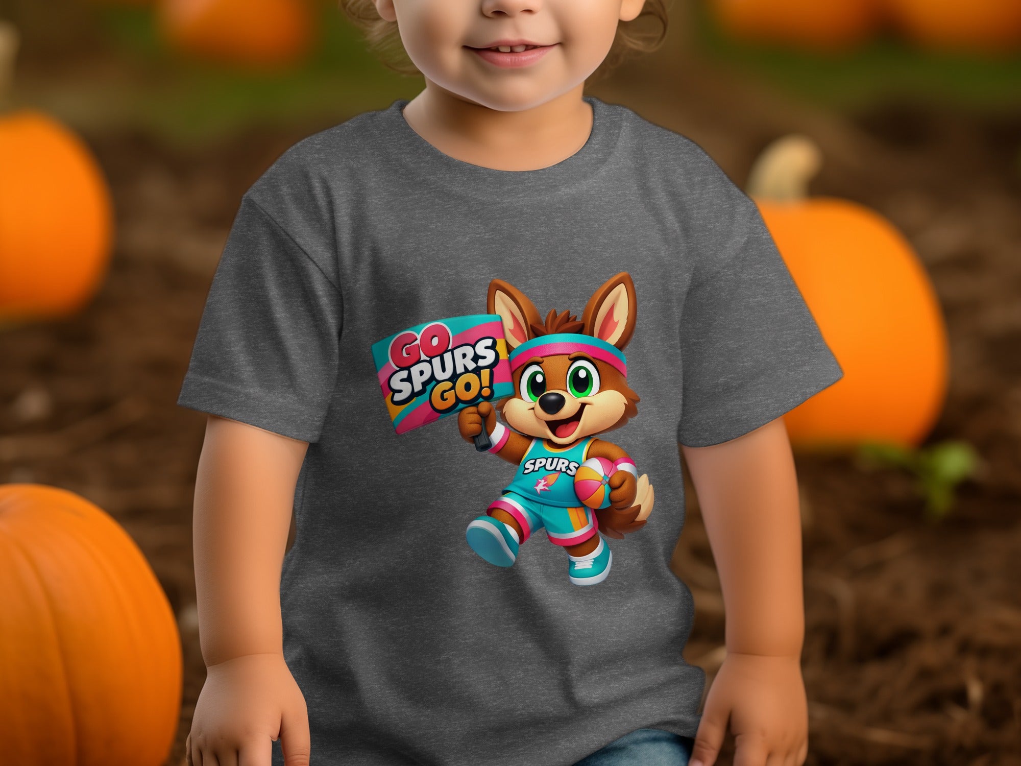 Child wearing grey t-shirt with cartoon fox mascot holding "Go Spurs Go!" sign.