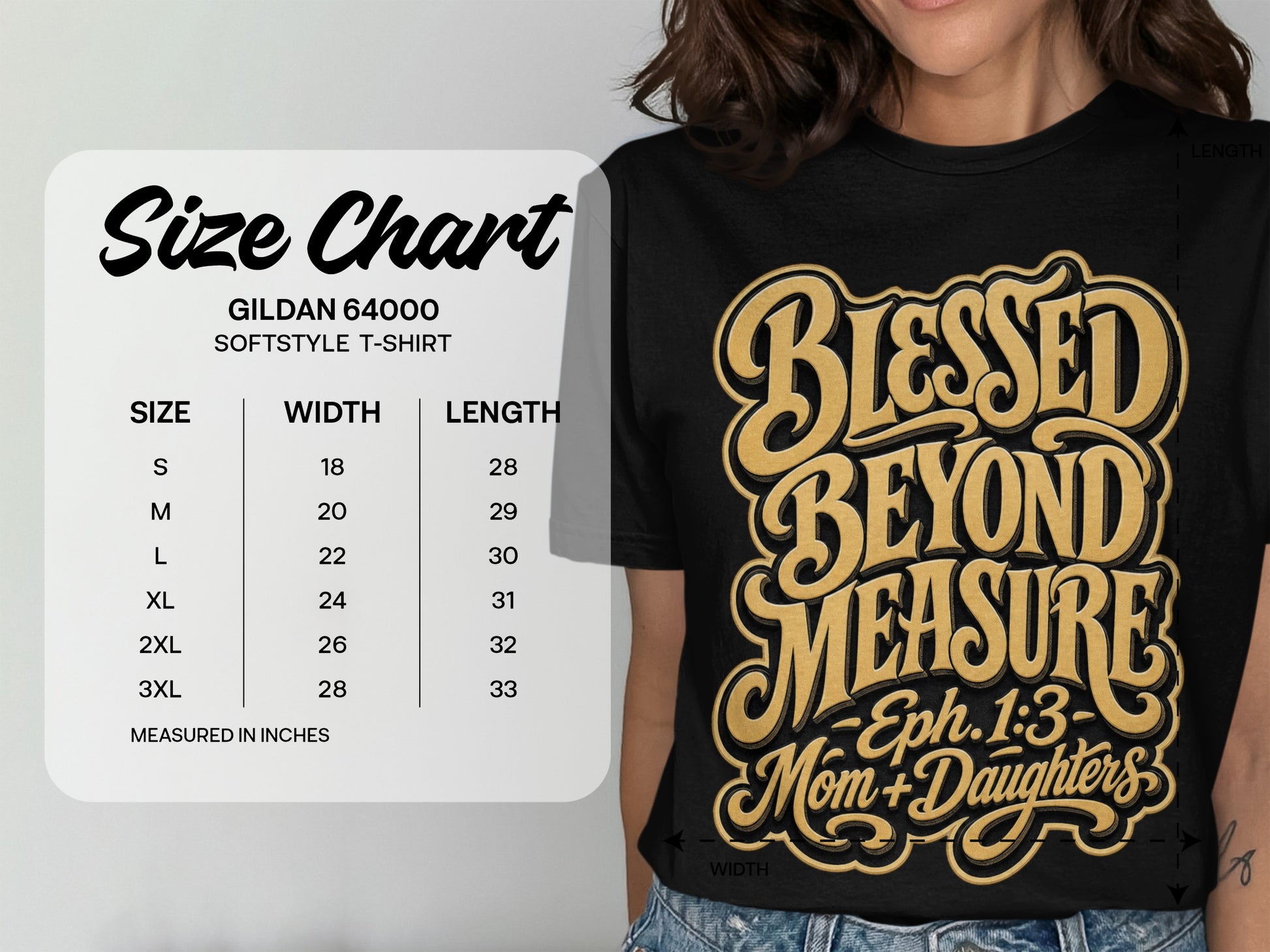 Gildan 64000 softstyle t-shirt size chart with "Blessed Beyond Measure" graphic.