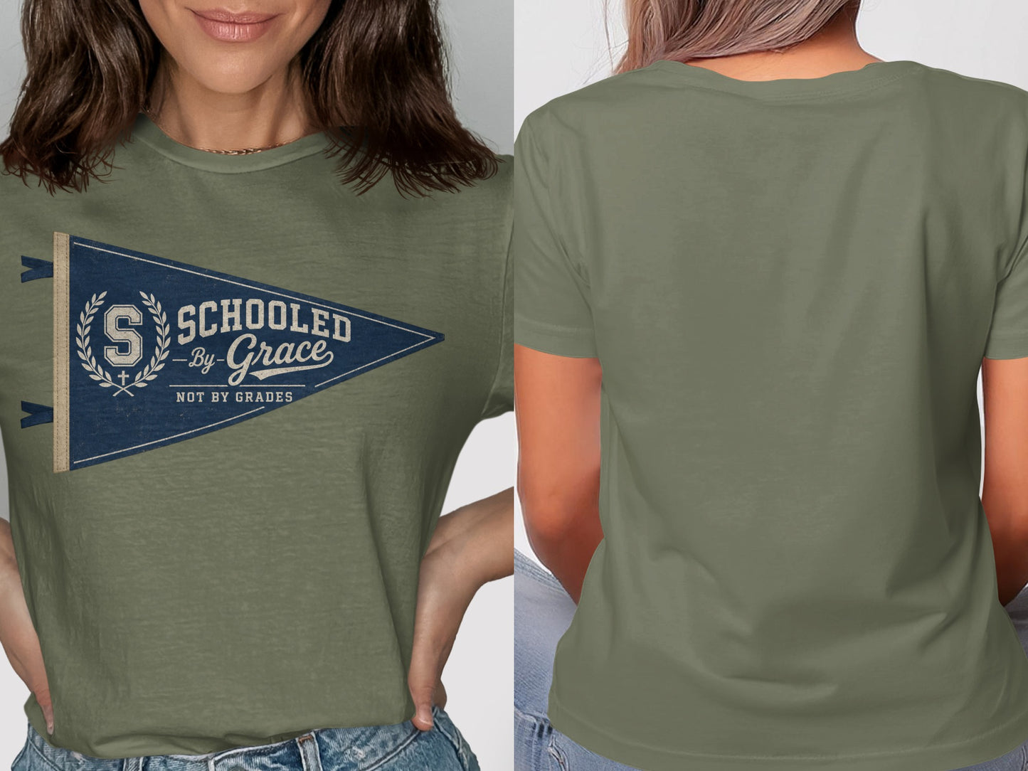 Green t-shirt with a pennant graphic reading "Schooled-By Grace NOT BY GRADES."