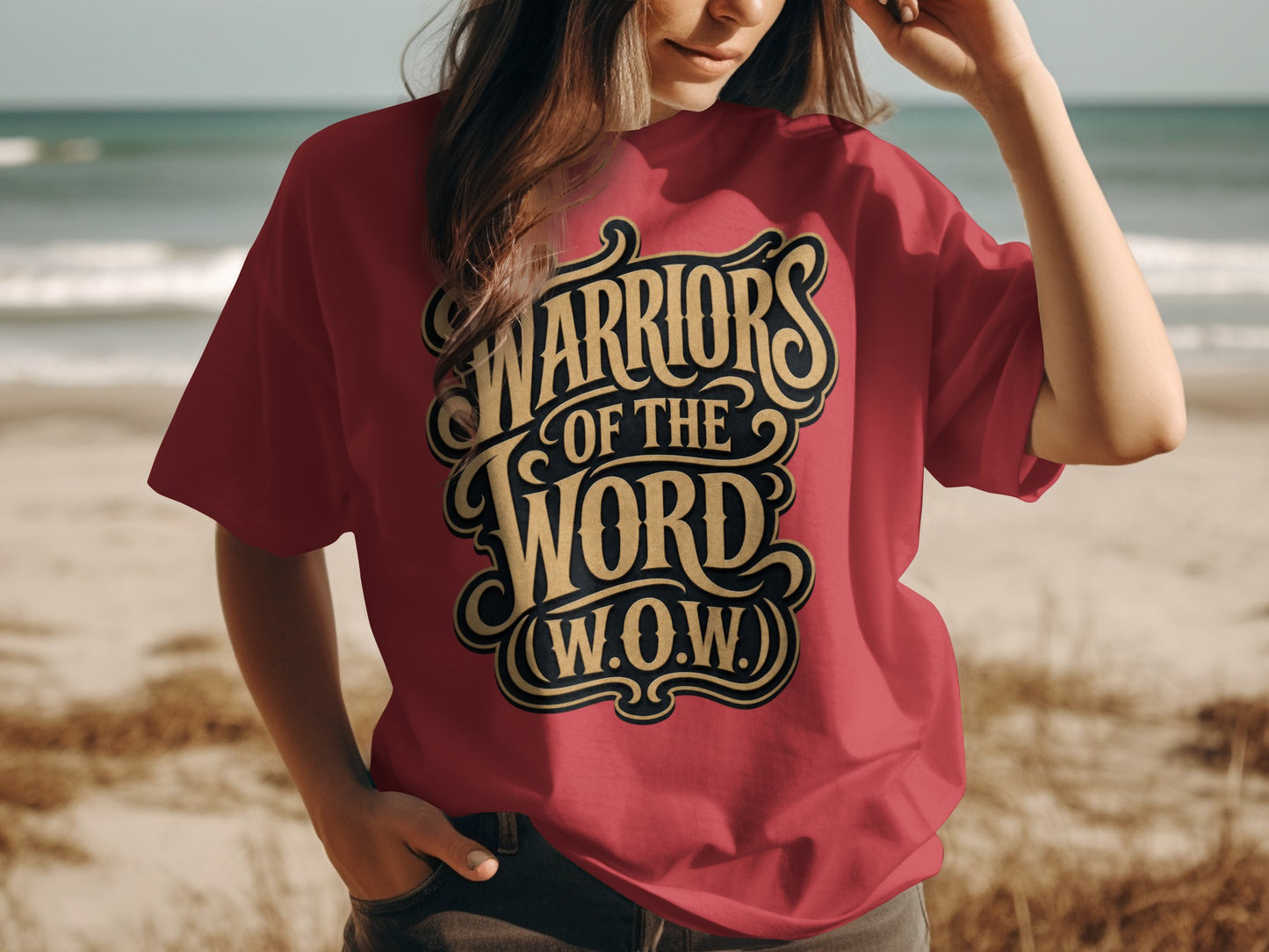 Red t-shirt with "Warriors of the Word (W.O.W.)" text in gold and black lettering.