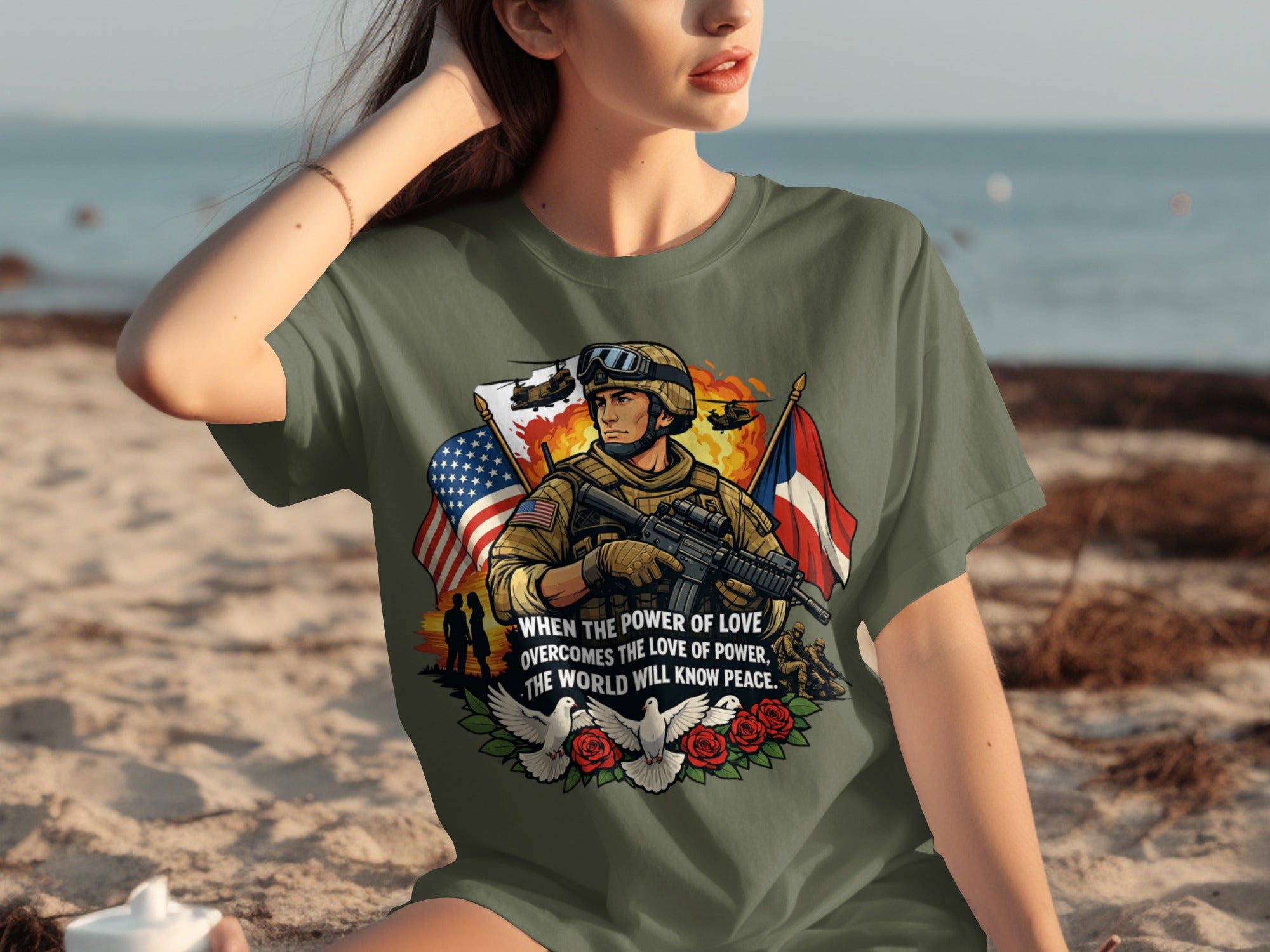 Soldier graphic with American and Dominican flags, doves, roses, and text.