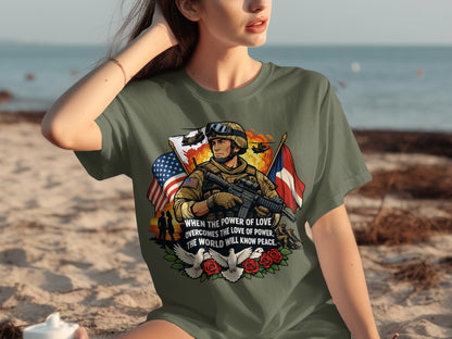 Soldier graphic with American and Dominican flags, doves, roses, and text.