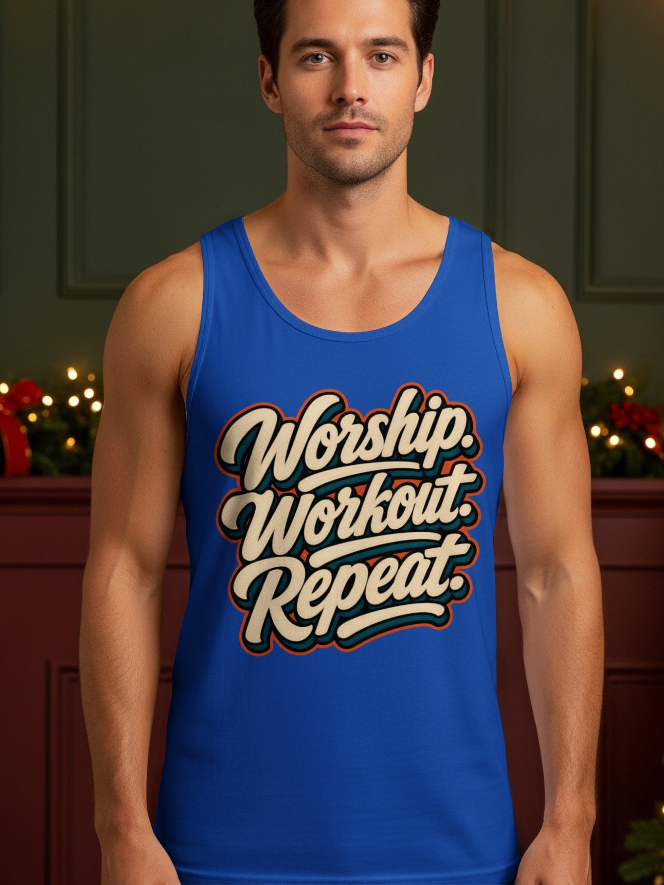 Blue tank top with "Worship. Workout. Repeat." text in cream and orange lettering.