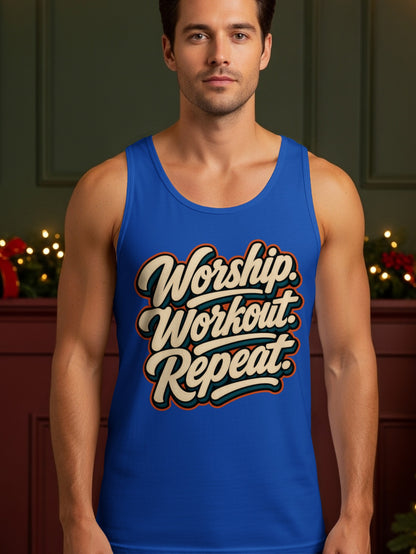 Blue tank top with "Worship. Workout. Repeat." text in cream and orange lettering.