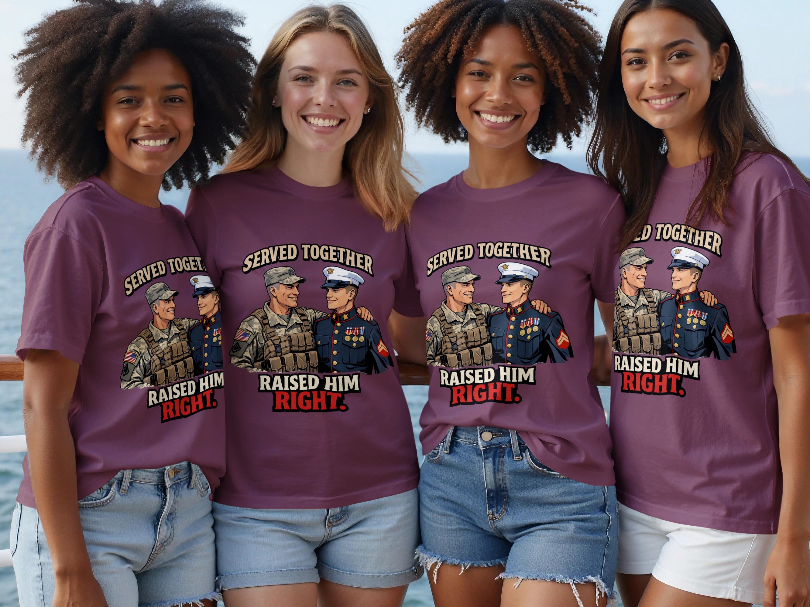 Four women in purple shirts showing a graphic of two military men titled "Served Together Raised Him Right."