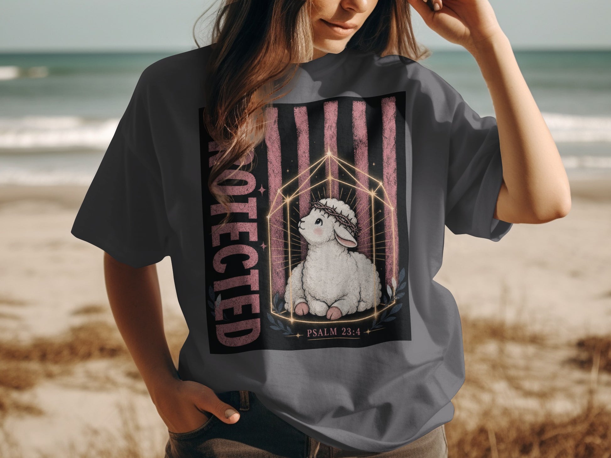 Sheep with crown of thorns inside geometric shape, text "PROTECTED" and "PSALM 23:4".
