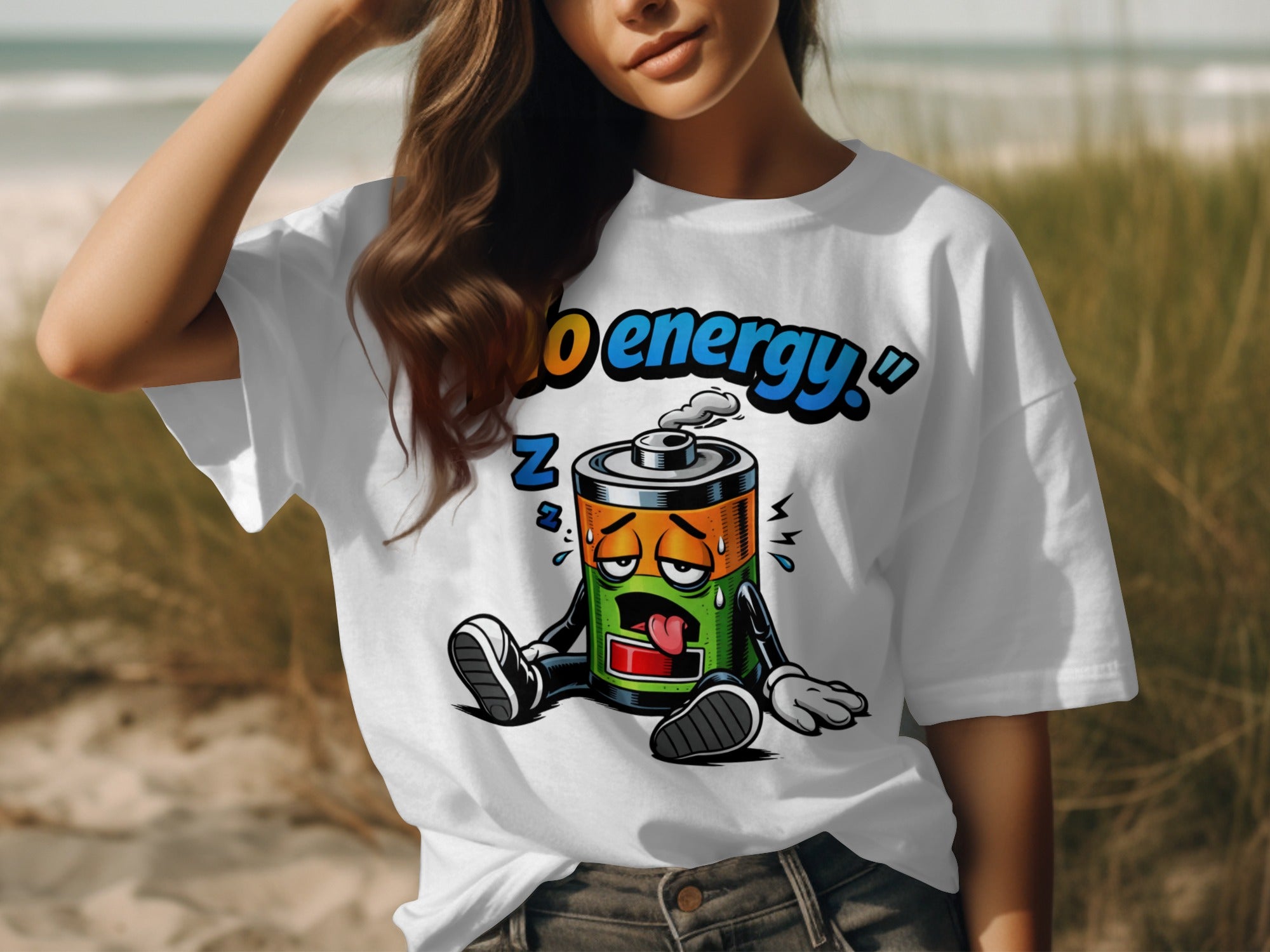 White t-shirt graphic with a tired, low battery character saying "no energy."