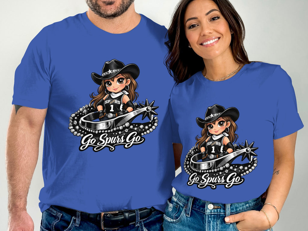 Couple wearing blue shirts with cartoon cowboy girl graphic and "Go Spurs Go" text.