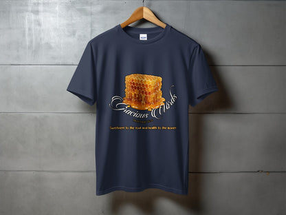 Navy t-shirt with honeycomb graphic and text "Gracious Words" and "Sweetness to the soul".