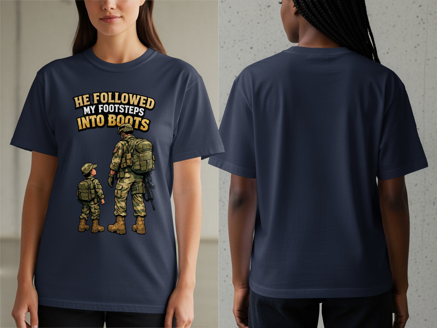 Navy t-shirt with graphic of soldier and child and text "He followed my footsteps into boots."