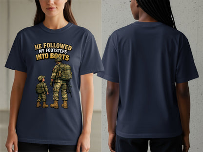 Navy t-shirt with graphic of soldier and child and text "He followed my footsteps into boots."