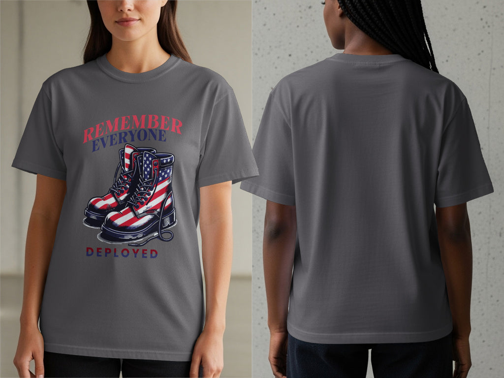 Gray t-shirt with "REMEMBER EVERYONE DEPLOYED" text and American flag combat boots.