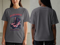 Gray t-shirt with "REMEMBER EVERYONE DEPLOYED" text and American flag combat boots.