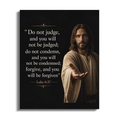 Jesus Christ artwork with text from Luke 6:37 offering an outstretched hand.
